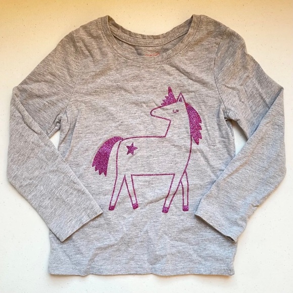 Cat & Jack Girls T-Shirt Sz 4T Gray Glitter Purple Unicorn Long Sleeve Crew Neck - Picture 1 of 8